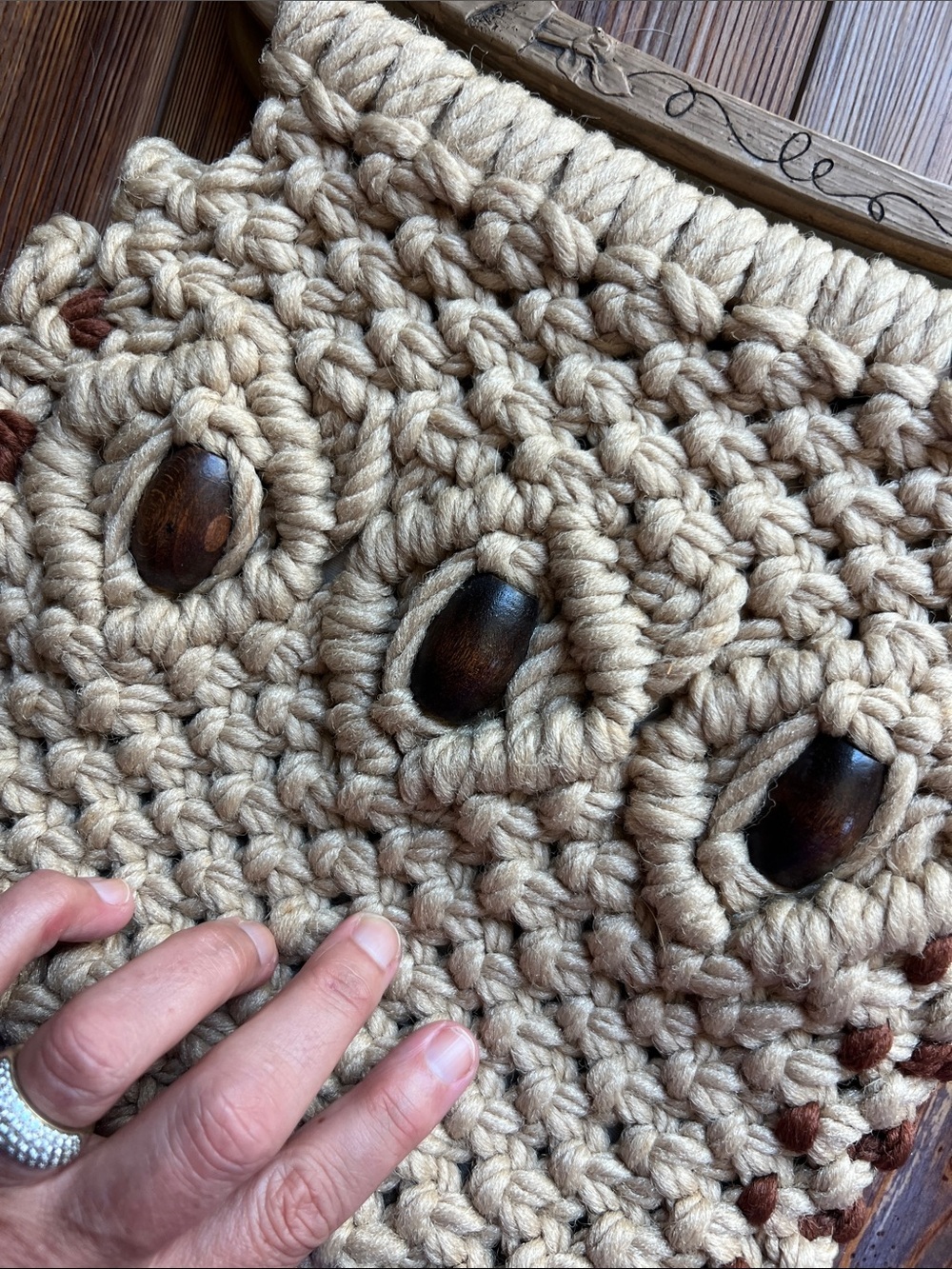 Handmade Macramé Purse with Wood Handles and Bead Accents - Picture 3 of 10